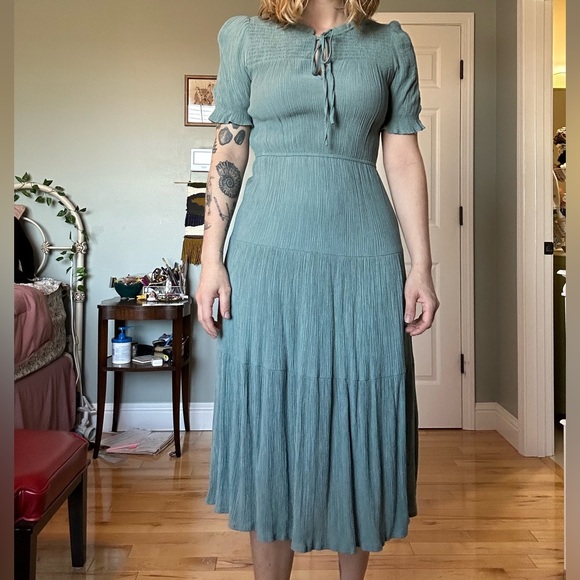 Sweet Wanderer Teal Tiered Midi Dress with Tie Neck - Picture 3 of 16